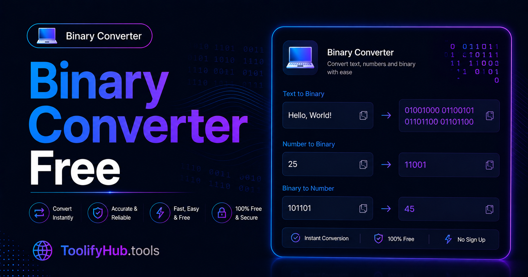 Binary Converter Online Free — Convert Binary Decimal Hex Octal 2026 — ToolifyHub