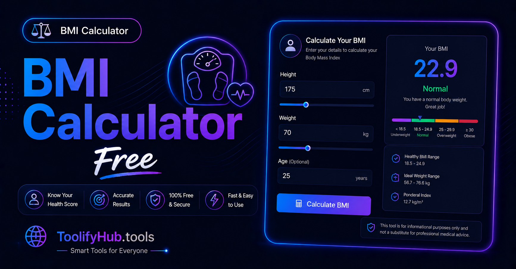 BMI Calculator Online Free — Check Your Health Category Instantly (2026) — ToolifyHub