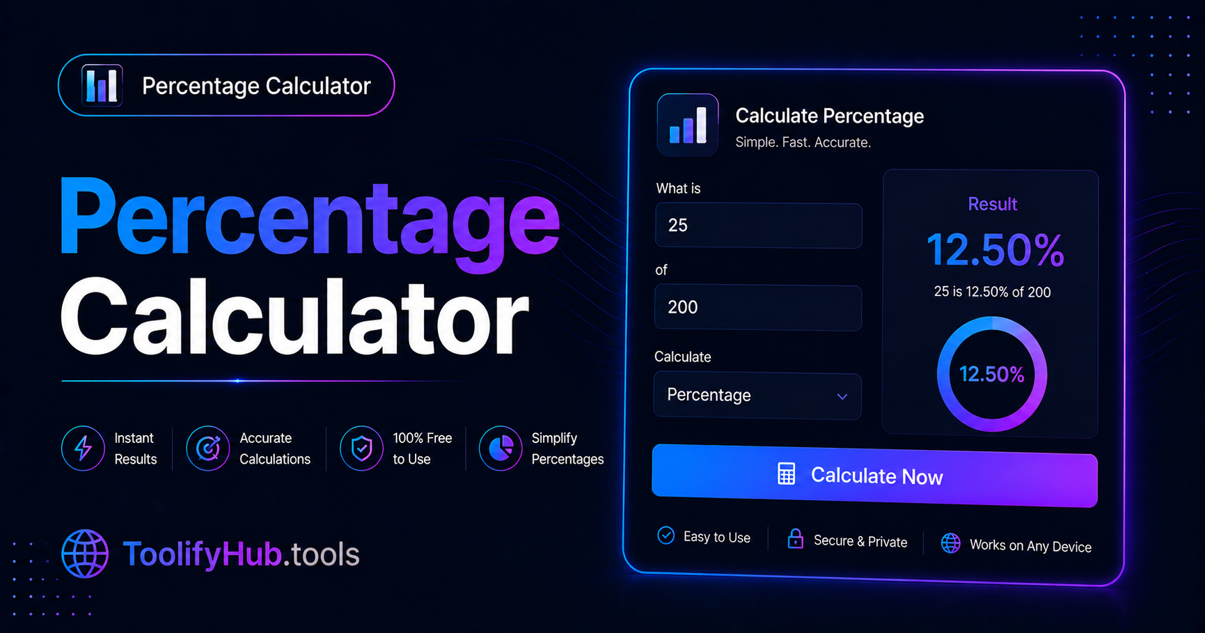 Percentage Calculator Online Free — Calculate Any Percentage Instantly 2026 — ToolifyHub