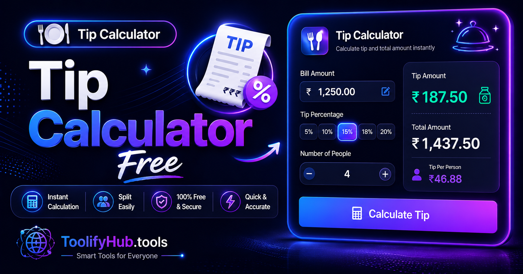 How to Calculate Tip Online Free — Restaurant Bill Split Guide 2026 — ToolifyHub