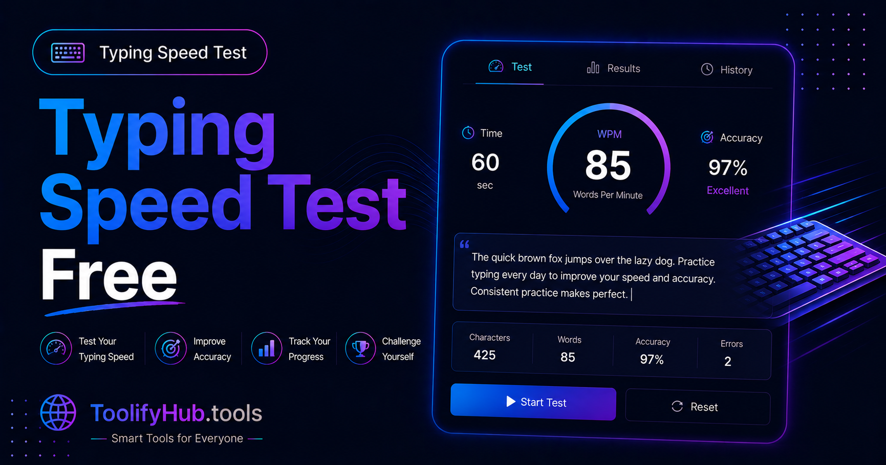 Typing Speed Test Online Free — Check Your WPM Score Instantly (2026) — ToolifyHub